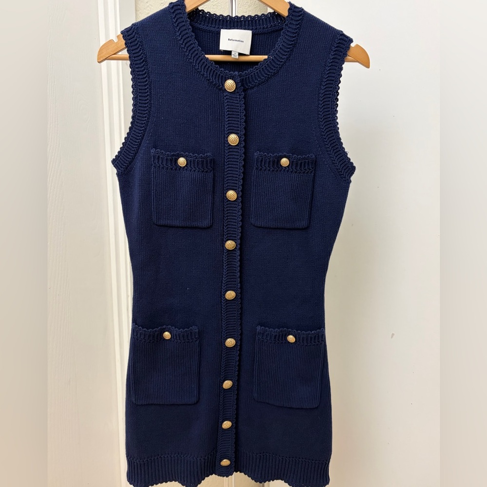 Reformation Navy Sleeveless Knit Dress with Gold Buttons
